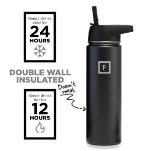 IRON °FLASK Camping & Hiking Hydration Flask, Wide Mouth, 3 Straw Lids, Stainless Steel Outdoor Water Bottle, Double Walled, Insulated Thermos, Metal Canteen - Midnight Black, 22 Oz