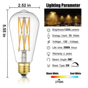 Leools 10W Edison Style Vintage LED Filament Light Bulb,100 Watt Equivalent Light Bulbs,Dimmable,Warm White 2700K,1200LM,ST64, E26 Medium Base Lamp, Antique Shape, (2 Pack)