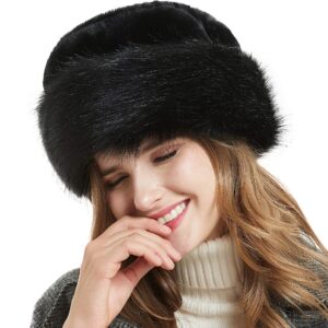 Soul Young Women's Leopard Faux Fur Hat with Fleece and Elastic for Winter(One Size,Black)