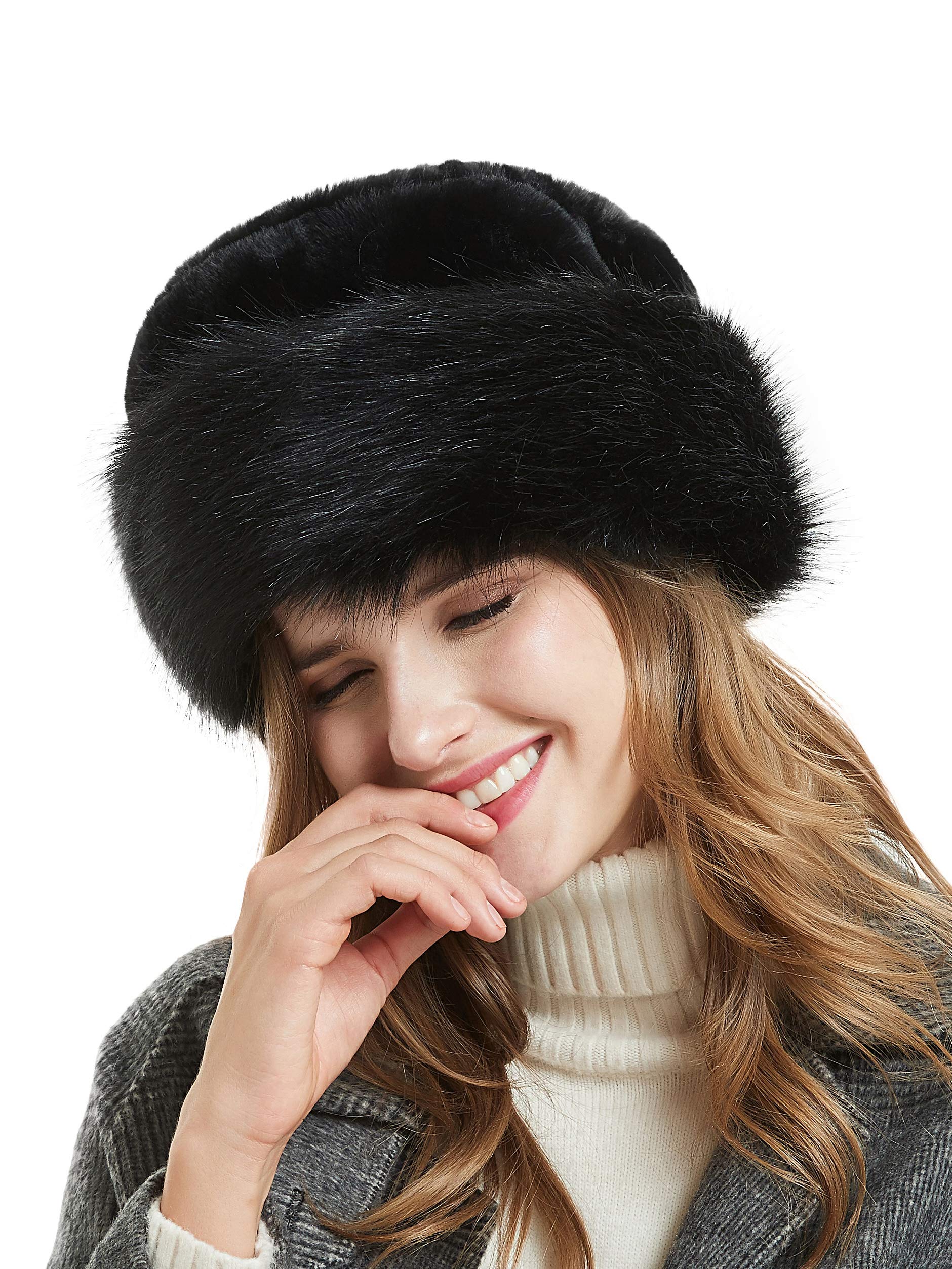 Soul Young Women's Leopard Faux Fur Hat with Fleece and Elastic for Winter(One Size,Black)