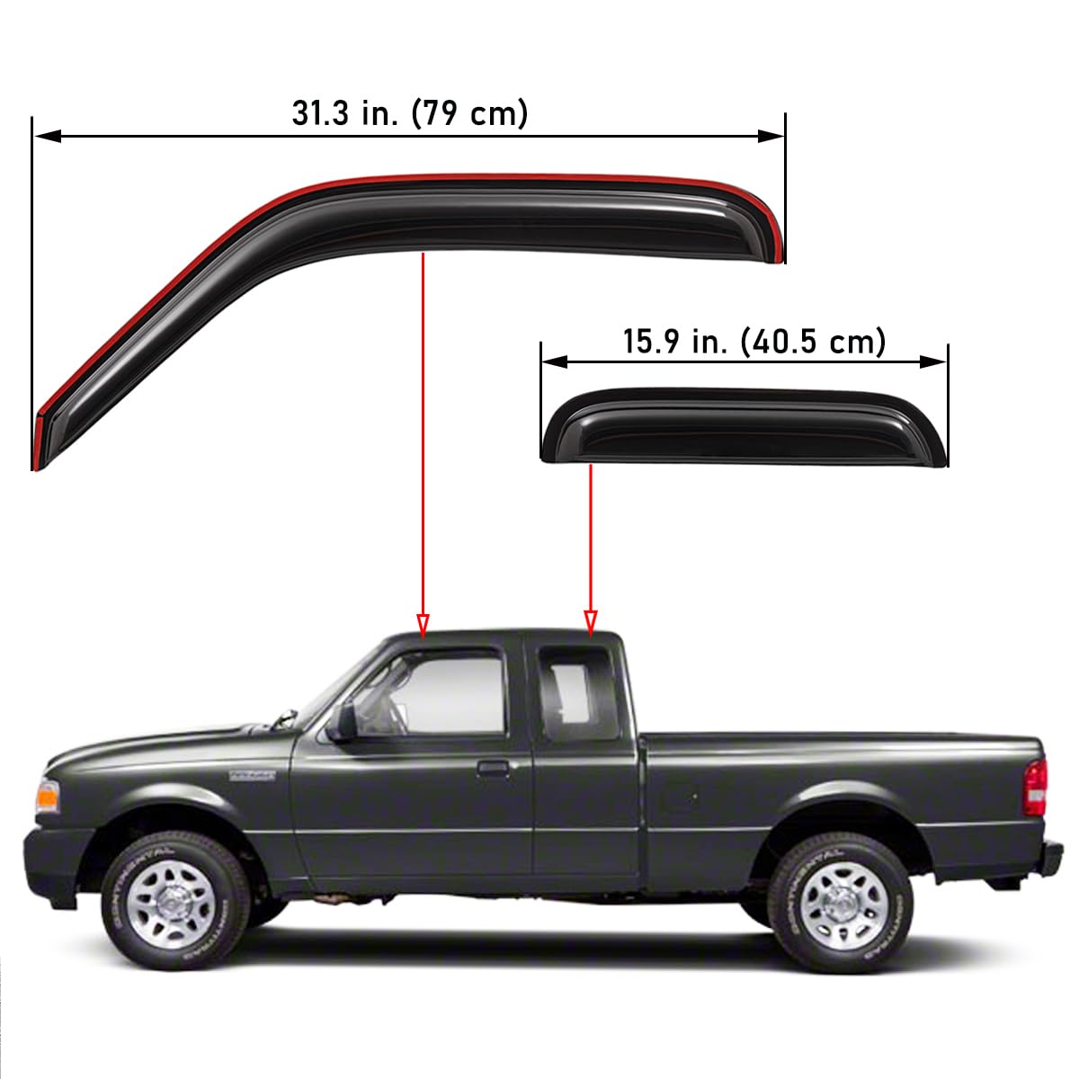 Lightronic WV94423 Side Window Visor Deflector Rain Guard, Dark Smoke, 4-Pieces Set, Fits 1999-2011 Ford Ranger SuperCab with Fixed Window, 1999-2008 Mazda B3000, 1999-2010 Mazda B4000, Extended Cab