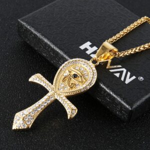 HZMAN CZ Eye of Horus Egypt Protection Pendant Coptic Ankh Cross Religious Stainless Steel Necklace (Gold)