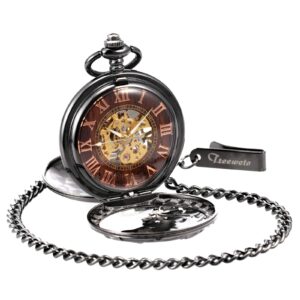 TREEWETO Mens Antique Dragon Mechanical Skeleton Pocket Watch Wooden Roman Numerals Dial Black Double Case Pocket Watches for Men