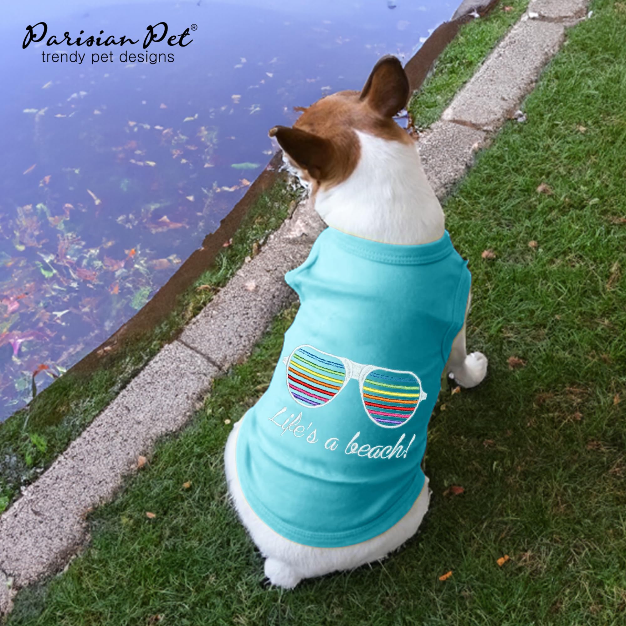 Parisian Pet Dog Tshirt - Embroidered “Life’s a Beach“ Dog Shirt - Lightweight Dog Tank Top- 100% Cotton, Dog Tee Shirts - Summer Dog Clothes - Machine Washable Dog Shirt for Large Dogs -2XL