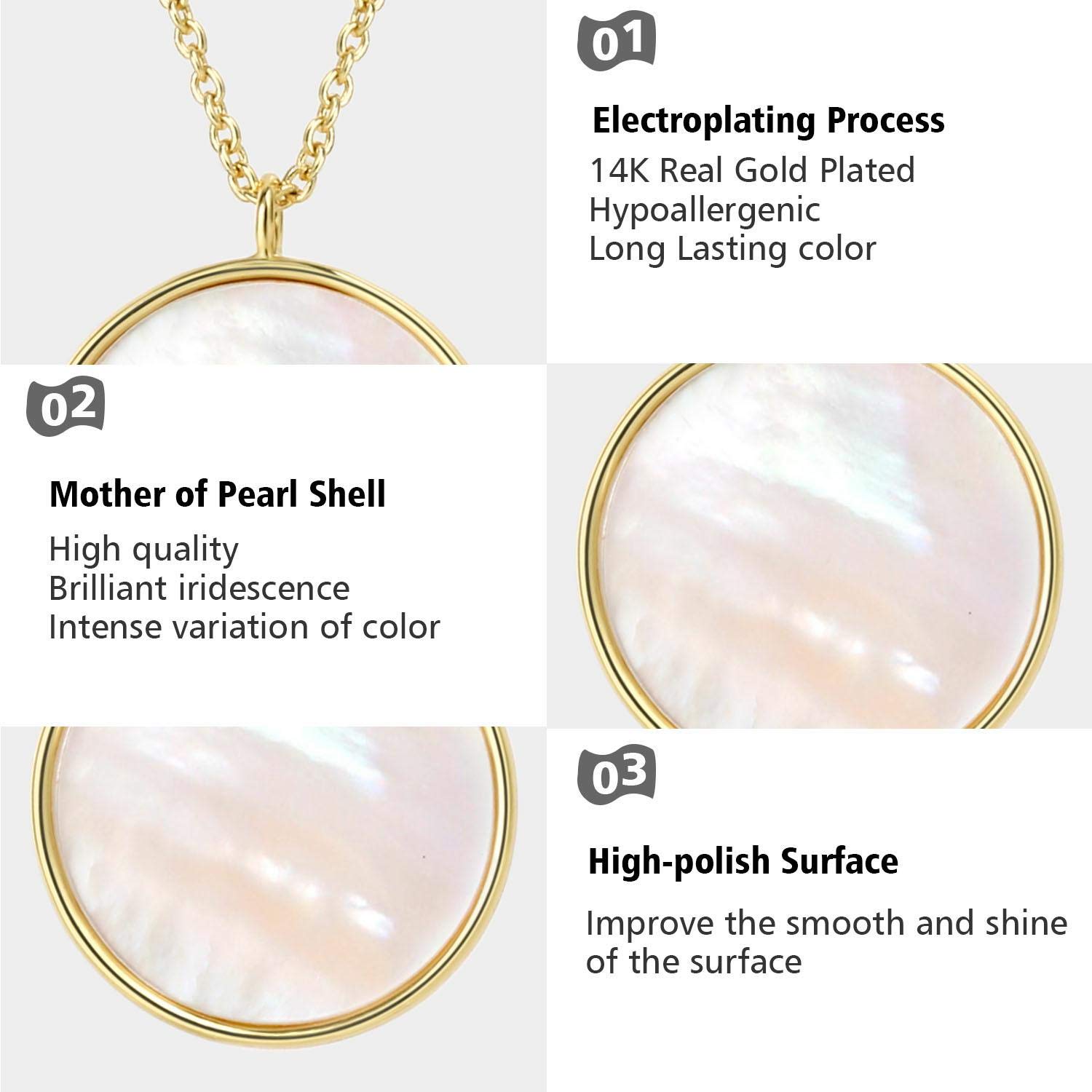 COZLANE 14k Gold Plated Mother of Pearl Shell Pendant Necklaces | Double Sided Round Pendant Necklaces Cute Pendant Necklaces for Women