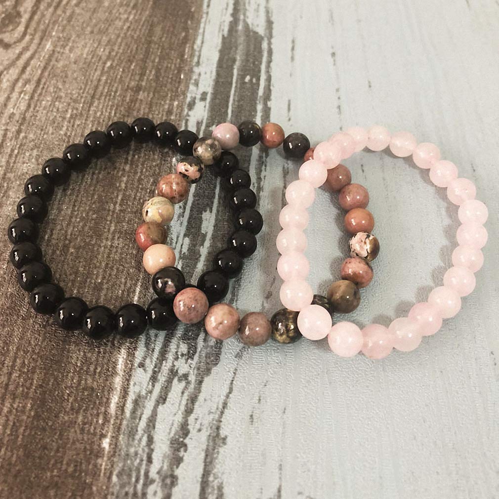 Womens 8mm Black Onyx Rhodonite Rose Quartzs Beaded Wrist Men Women Natural Stone Bracelet Sets Stackable Mala Bracelets, One Size, Zinc