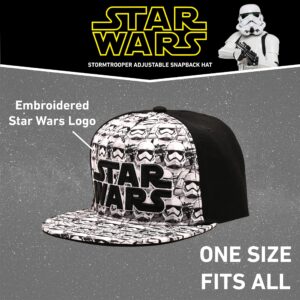 Disney mens Star Wars Embroidered Logo and Stormtrooper All Over Adjustable Snapback Baseball Hat with Flat Brim Black White One Size, Black, One Size US