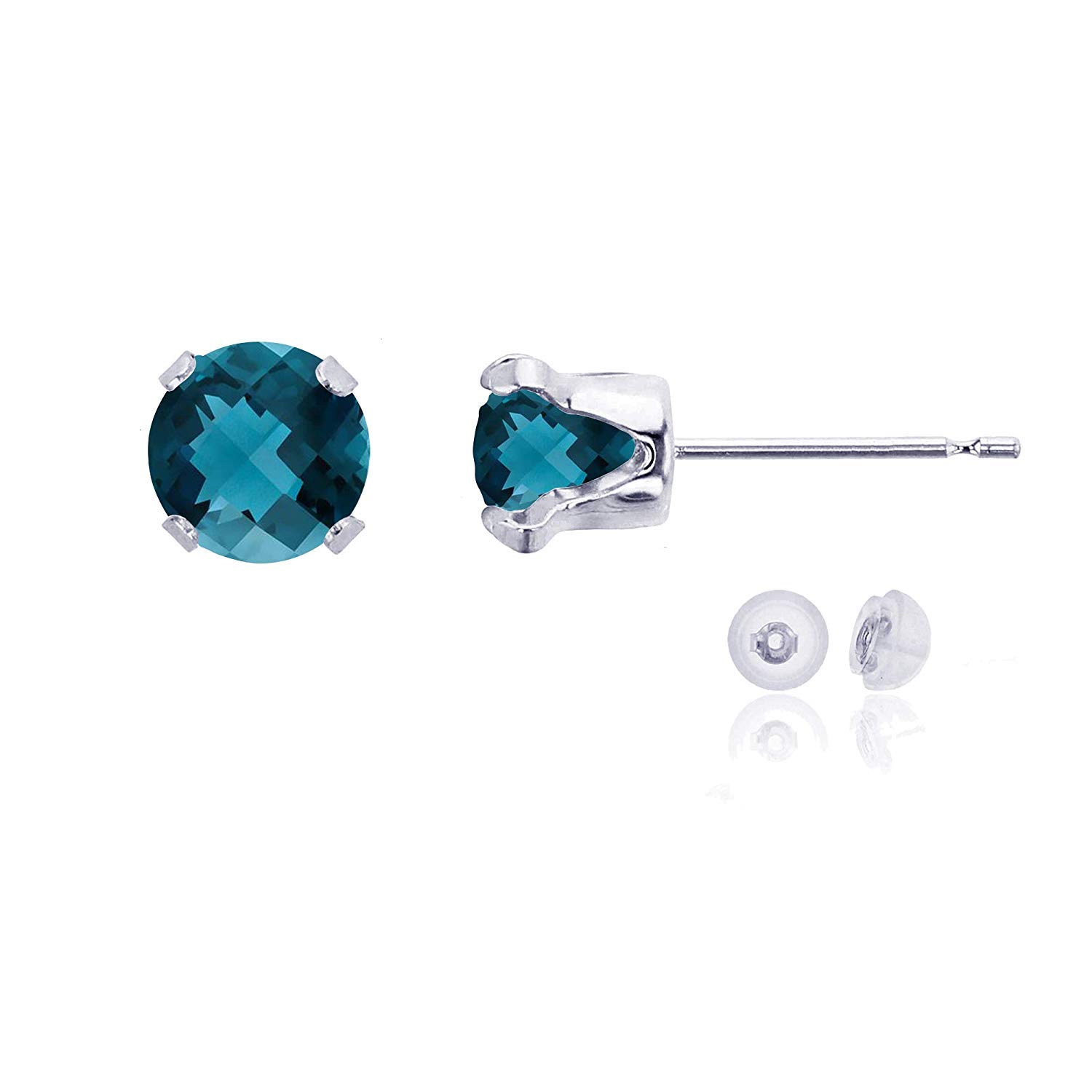 Genuine 10K Solid White Gold 6mm Round Natural London Blue Topaz December Birthstone Stud Earrings