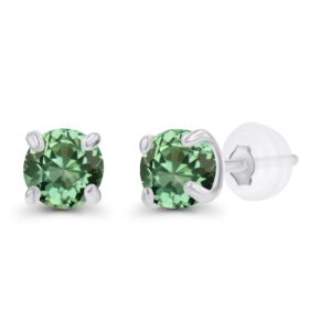 Genuine 10K Solid White Gold 3mm Round Created Green Sapphire September Birthstone Stud Earrings For Women