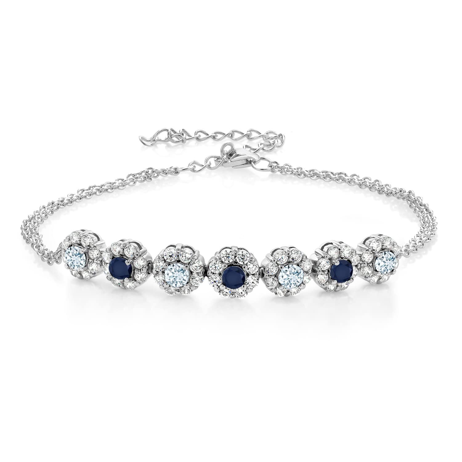 Gem Stone King 925 Sterling Silver Sky Blue Aquamarine and Blue Sapphire Tennis Bracelet For Women (2.27 Cttw, Gemstone March Birthstone, 7 Inch with 2 Inch Extender)