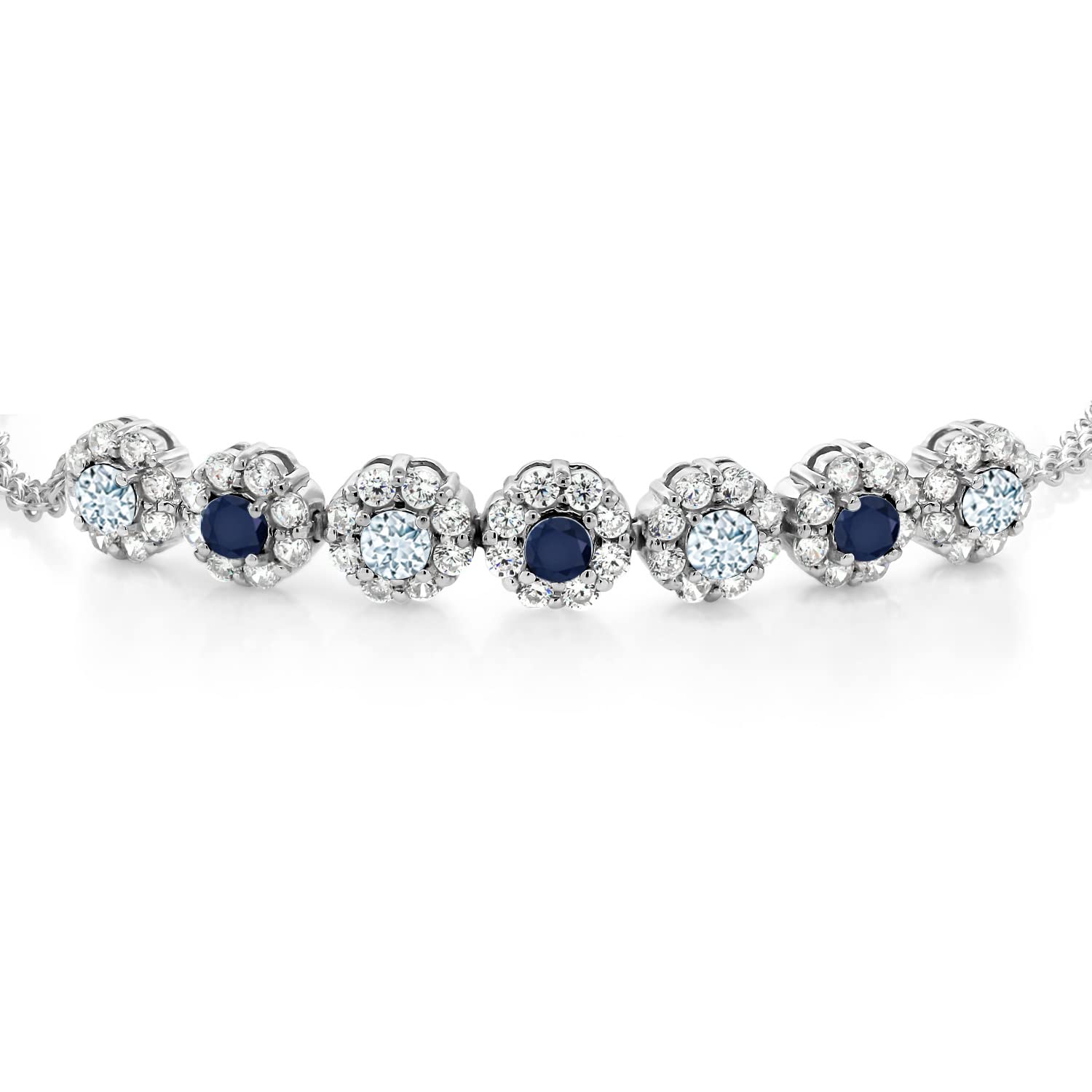 Gem Stone King 925 Sterling Silver Sky Blue Aquamarine and Blue Sapphire Tennis Bracelet For Women (2.27 Cttw, Gemstone March Birthstone, 7 Inch with 2 Inch Extender)