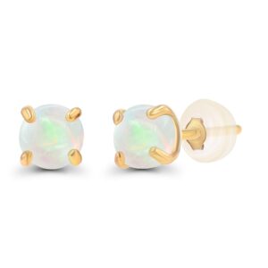 genuine 14k solid yellow gold 3mm round natural opal october birthstone stud earrings for women