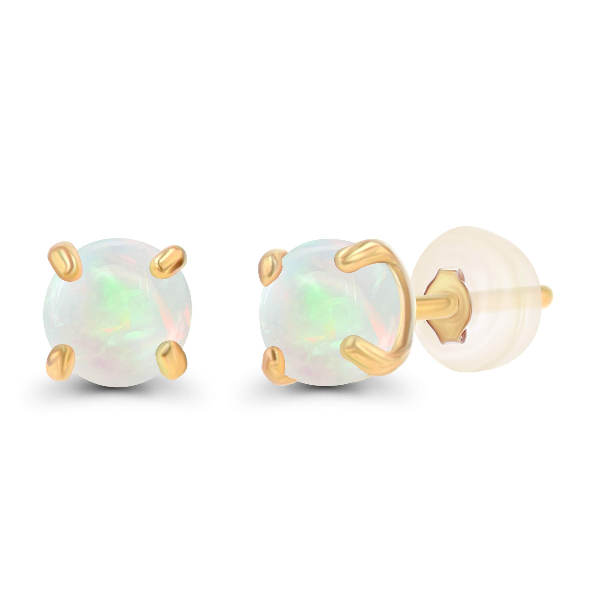 Genuine 14K Solid Yellow Gold 3mm Round Natural Opal October Birthstone Stud Earrings For Women