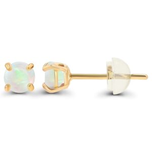 Genuine 14K Solid Yellow Gold 3mm Round Natural Opal October Birthstone Stud Earrings For Women