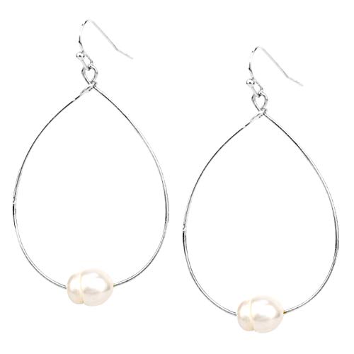 Pomina Lightweight Pearl Hoop Earrings, Gold Teardrop Pearl Dangle Drop Earrings for Women (Rhodium)