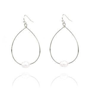 Pomina Lightweight Pearl Hoop Earrings, Gold Teardrop Pearl Dangle Drop Earrings for Women (Rhodium)