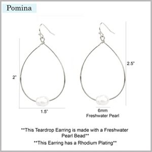 Pomina Lightweight Pearl Hoop Earrings, Gold Teardrop Pearl Dangle Drop Earrings for Women (Rhodium)