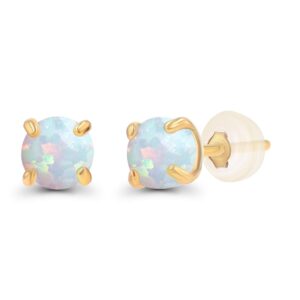 14K Yellow Gold Plated 925 Sterling Silver 3mm Round Created Opal October Birthstone Stud Earrings For Women