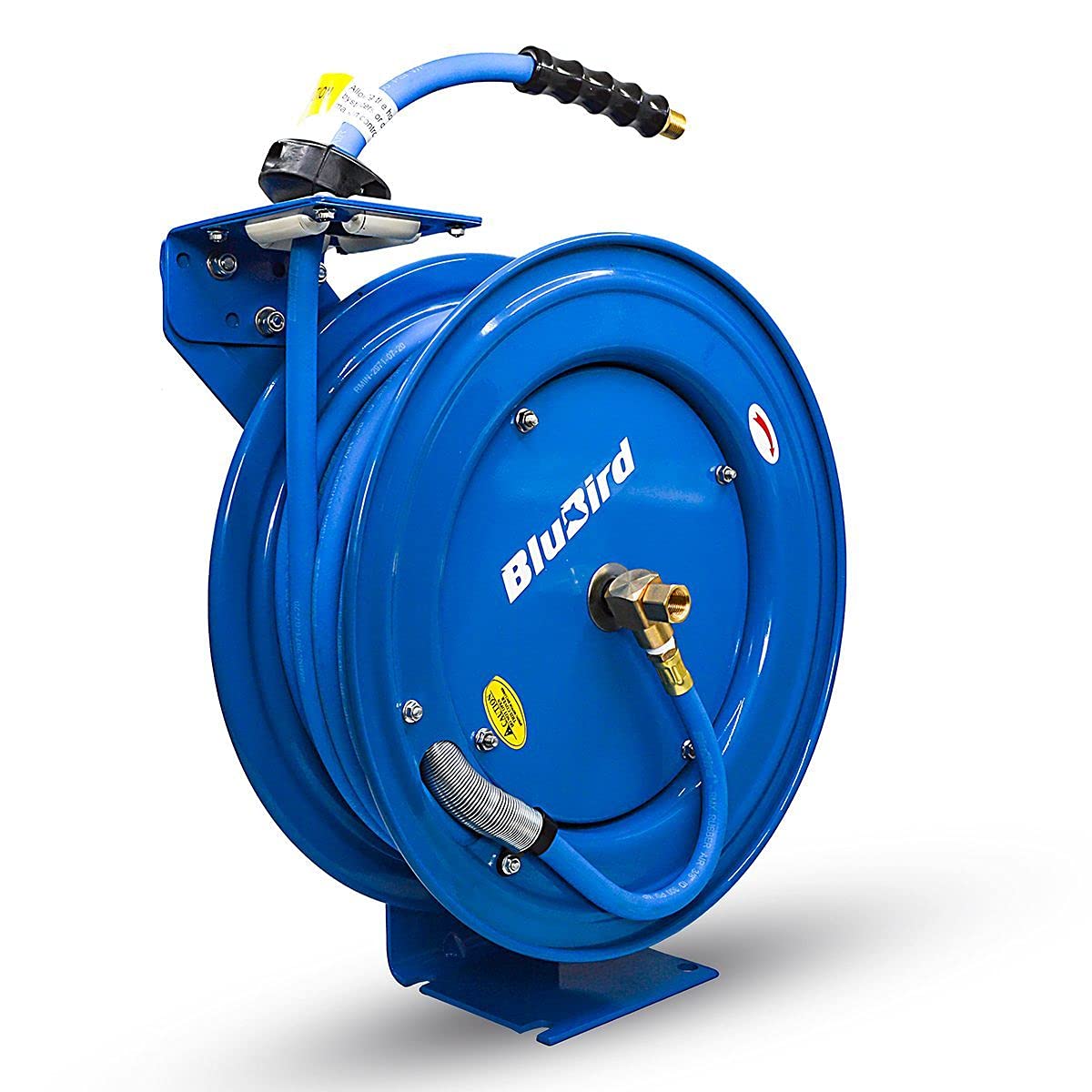 BLUBIRD BBRHD1250 18ga. Retractable Hose Reel with 1/2" X 50' Air Hose, 12 Point Ratcheting Gear, Next-Gen Rubber, Lightest, Strongest, Most Flexible, 300 PSI, -50F to 190F Degrees, Polyester Braided