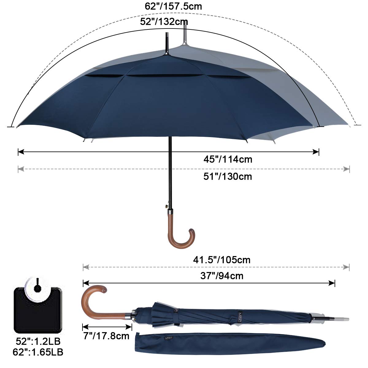 G4Free 52/62inch Wooden J Handle Golf Umbrella Windproof Classic Stick Wedding Cane Umbrellas, Auto Open Cane Hook Handle