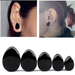 HQLA 1 Pair Teardrop Black Obsidian Natural Stone Plug Tunnels Ear Gauges Expanders Stretcher Body Piercings (7/8"(22mm))