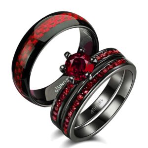 Gy Jewelry Two Rings His and Hers Wedding Ring Sets Couples Rings Women's 2PC Black Gold Filled Red Agate Cubic Zirconia Wedding Engagement Ring Bridal Sets & Men's Tungsten Carbide Wedding Band