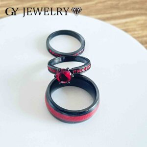 Gy Jewelry Two Rings His and Hers Wedding Ring Sets Couples Rings Women's 2PC Black Gold Filled Red Agate Cubic Zirconia Wedding Engagement Ring Bridal Sets & Men's Tungsten Carbide Wedding Band