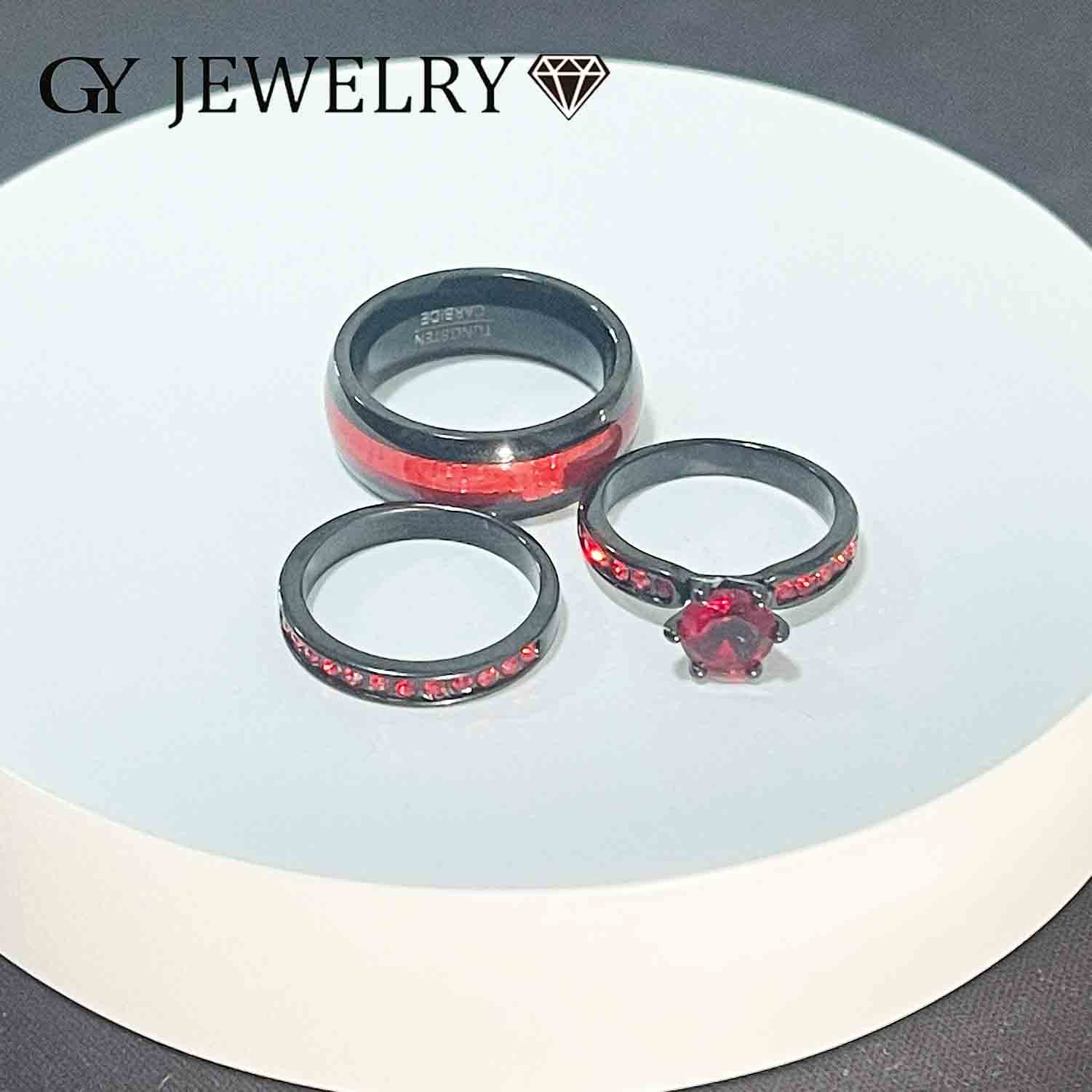 Gy Jewelry Two Rings His and Hers Wedding Ring Sets Couples Rings Women's 2PC Black Gold Filled Red Agate Cubic Zirconia Wedding Engagement Ring Bridal Sets & Men's Tungsten Carbide Wedding Band