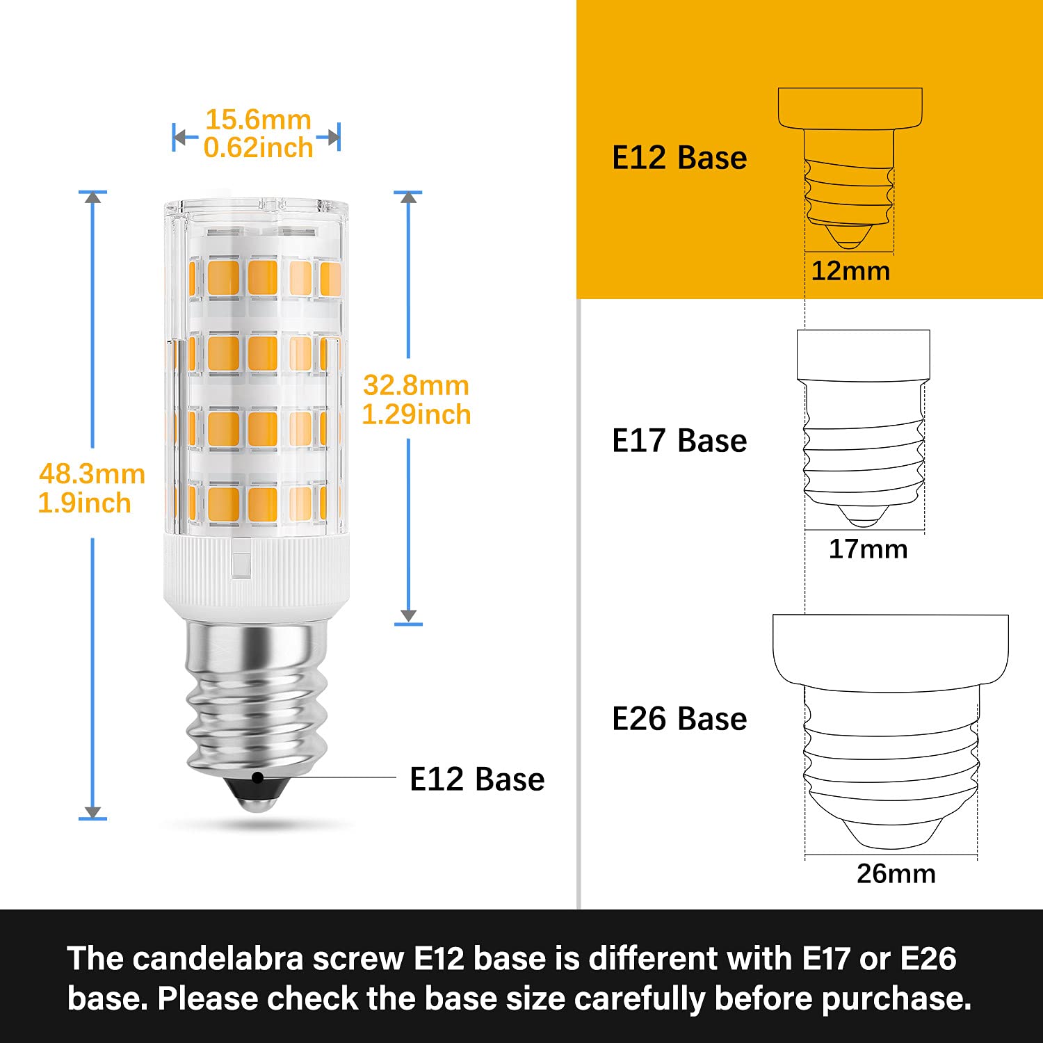 DiCUNO E12 LED Bulb 4W (40W Equivalent), Warm White 3000K Non-dimmable Candle Base Light Bulbs for Ceiling Fan, Chandelier, Indoor Decorative Lighting 6 Packages