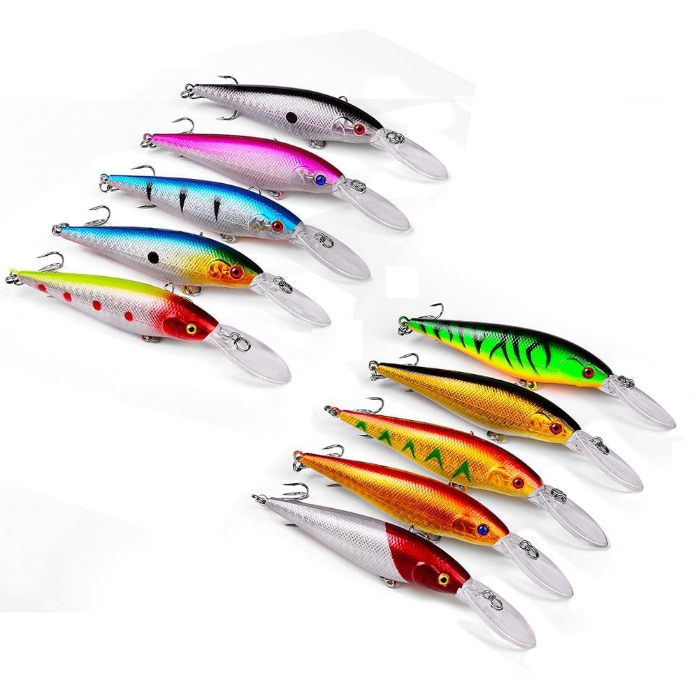 OriGlam 10 Pack Fishing Lures Hard Baits, 3D Eyes Minnow Fishing Lures Crankbait, Swimbait Fishing Tackle Lure Kit for Freshwater/Saltwater/Topwater, Bass, Trout, Walleye, Redfish