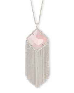 kendra scott kingston long pendant fringe necklace for women, fashion jewelry, rhodium-plated, rose quartz