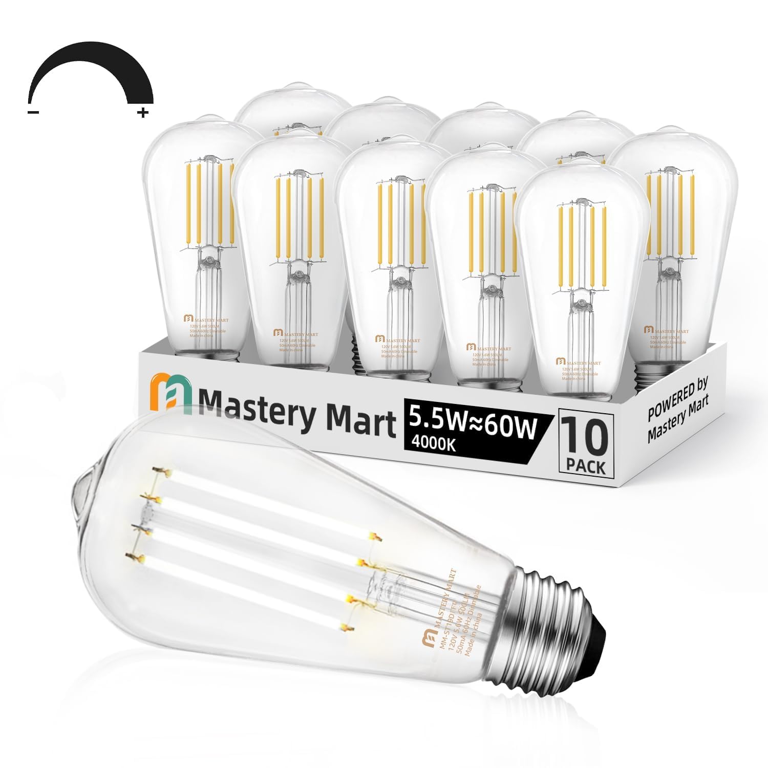 MASTERY MART 10 Pack Vintage LED Edison Bulbs, E26 Led Bulb 5.5W Equivalent to 60W, Dimmable, 4000K Cool White, High Brightness ST58 Antique LED Filament Bulbs, Clear Glass