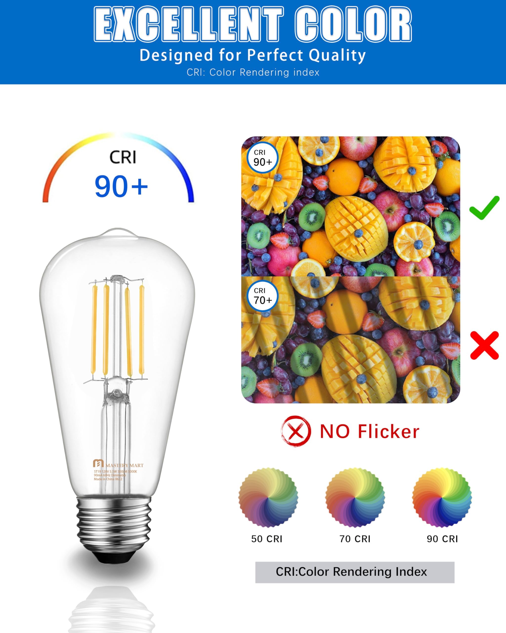 MASTERY MART 10 Pack Vintage LED Edison Bulbs, E26 Led Bulb 5.5W Equivalent to 60W, Dimmable, 4000K Cool White, High Brightness ST58 Antique LED Filament Bulbs, Clear Glass