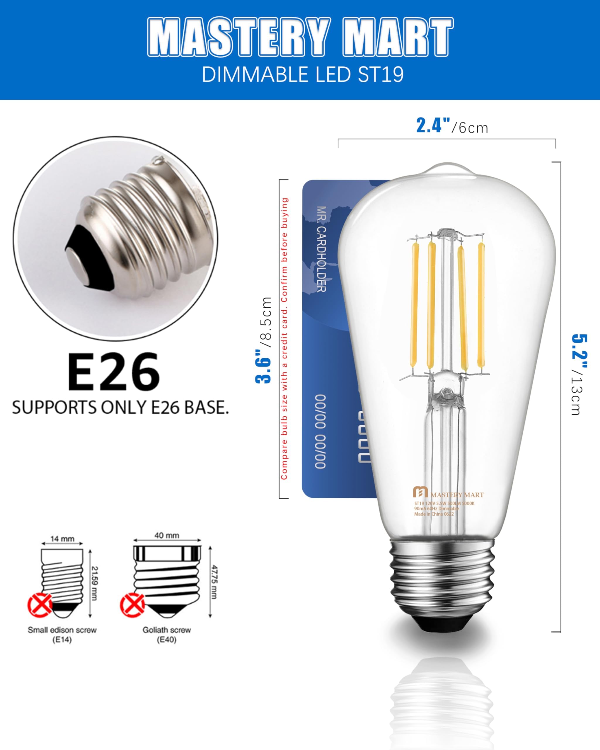 MASTERY MART 10 Pack Vintage LED Edison Bulbs, E26 Led Bulb 5.5W Equivalent to 60W, Dimmable, 4000K Cool White, High Brightness ST58 Antique LED Filament Bulbs, Clear Glass