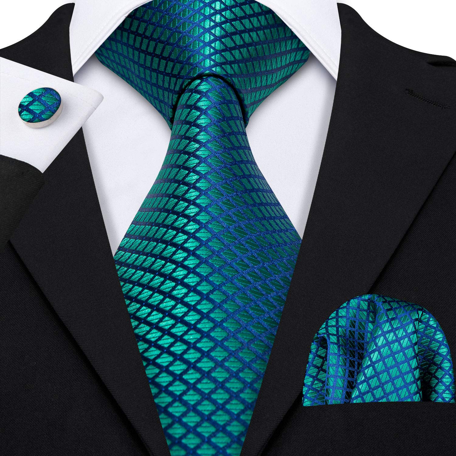 Barry.Wang Mens Tie Silk Tie Pocket Square Cufflinks Set Woven Designer Teal