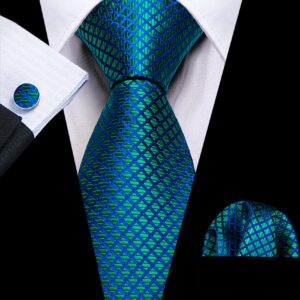 Barry.Wang Mens Tie Silk Tie Pocket Square Cufflinks Set Woven Designer Teal