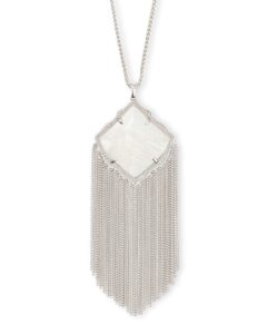 kendra scott kingston long pendant fringe necklace for women, fashion jewelry, rhodium-plated, white mother of pearl