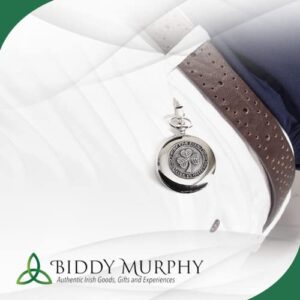 Biddy Murphy Shamrock Pocket Watch Made in Ireland Shamrock Pewter Medallion Stainless Steel Case with Chain Exclusive Made by Mullingar Pewter on Co. Westmeath, Ireland