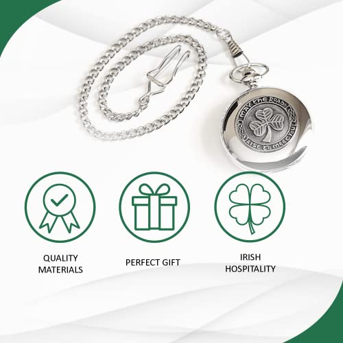 Biddy Murphy Shamrock Pocket Watch Made in Ireland Shamrock Pewter Medallion Stainless Steel Case with Chain Exclusive Made by Mullingar Pewter on Co. Westmeath, Ireland