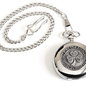 Biddy Murphy Shamrock Pocket Watch Made in Ireland Shamrock Pewter Medallion Stainless Steel Case with Chain Exclusive Made by Mullingar Pewter on Co. Westmeath, Ireland