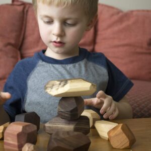 Tumi Ishi 11 Piece Wood Rock Set - Mixed Wood Species - Balancing Blocks - Natural Wood Toy - Organic Jojoba oil and Beeswax Finish - Handmade Wooden Toys - Sensory Toy - USA Made - Personalizable