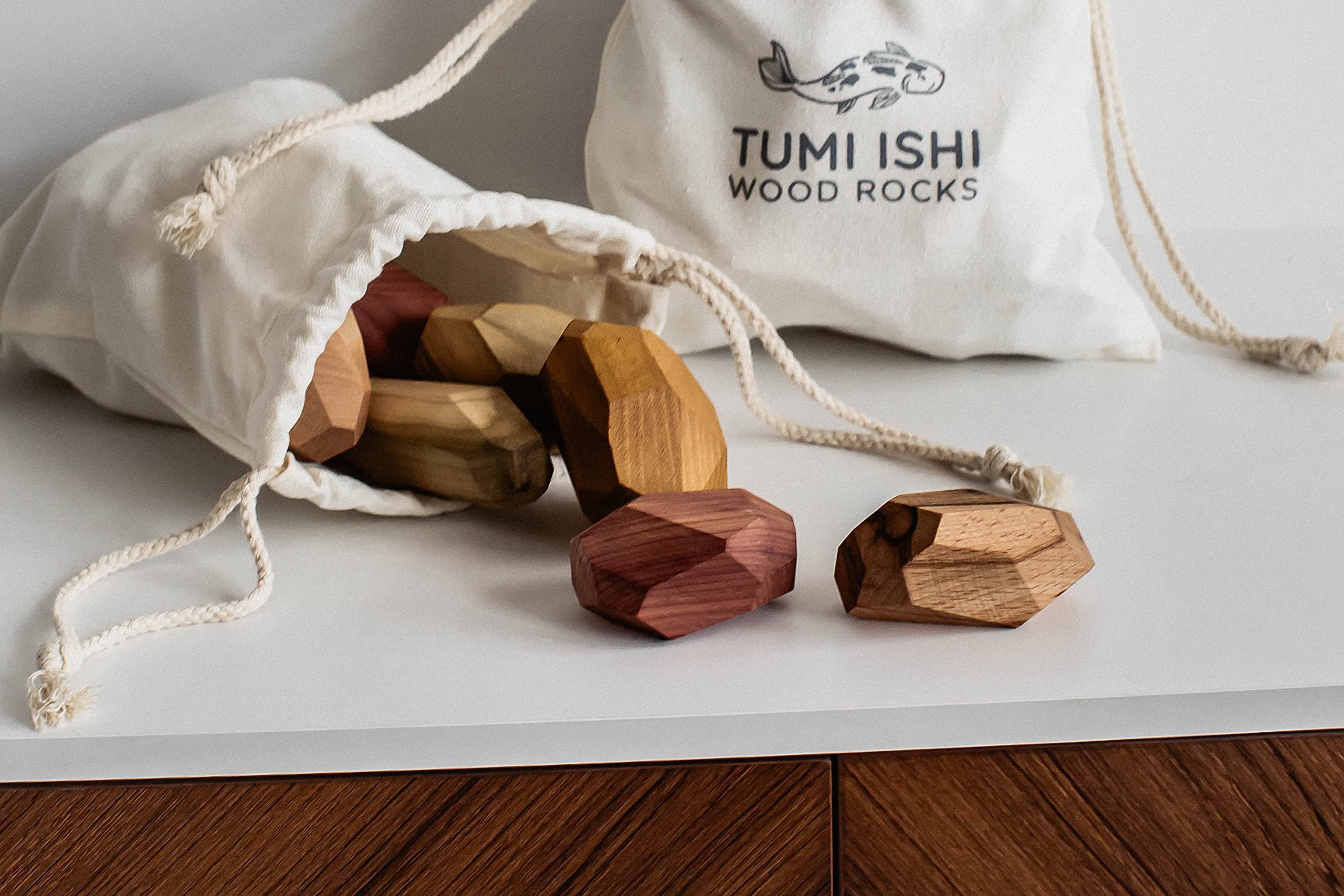 Tumi Ishi 11 Piece Wood Rock Set - Mixed Wood Species - Balancing Blocks - Natural Wood Toy - Organic Jojoba oil and Beeswax Finish - Handmade Wooden Toys - Sensory Toy - USA Made - Personalizable