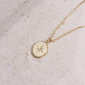 S.Leaf Compass Necklace Gold Coin Necklace Starburst Disc Pendant Necklace for Woman (14K gold plated)