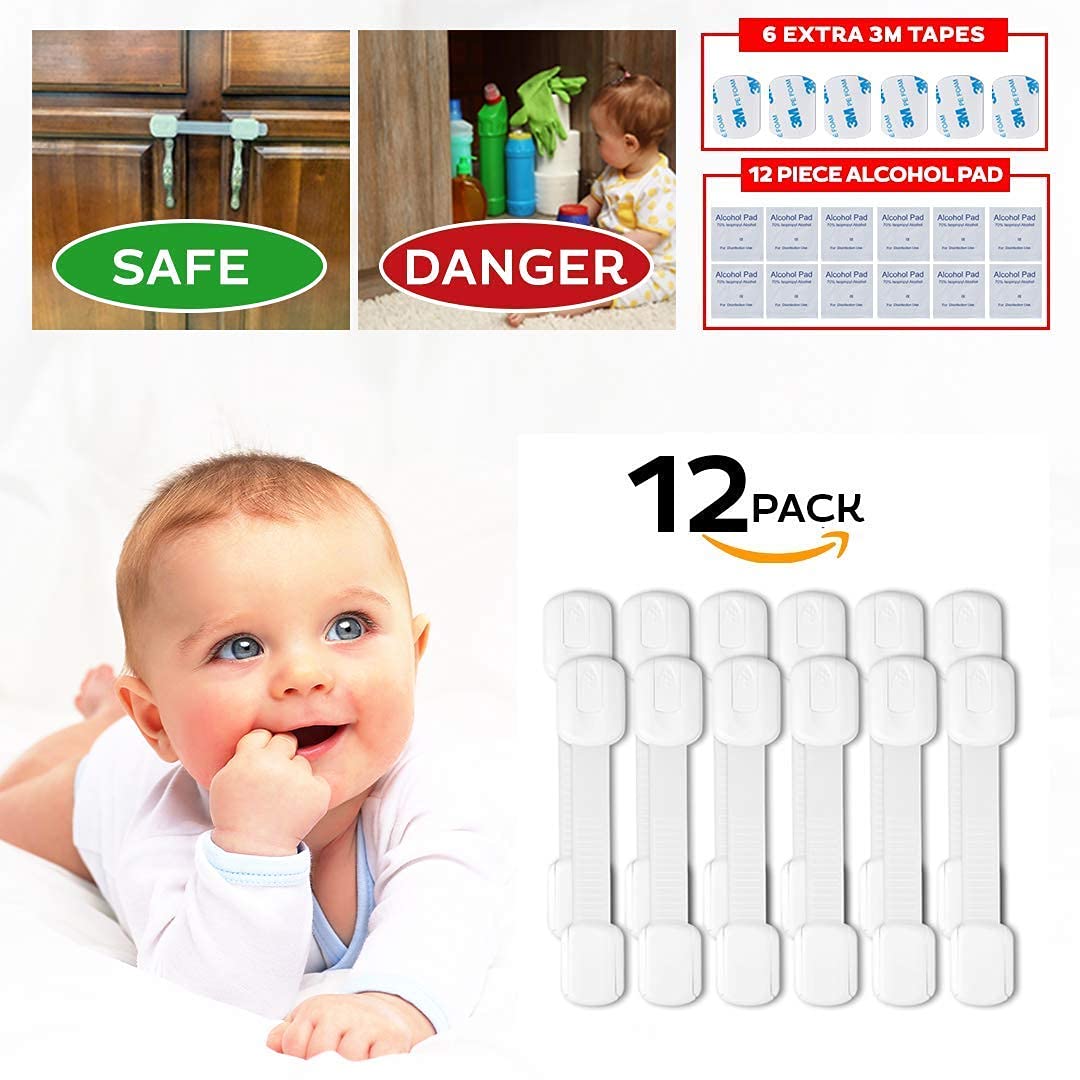 Eco-Baby Safety Cabinet Proofing for Babies - 3M Adhesive Baby Proofing Straps, Refrigerator Lock Straps, Child Proof Locks for Cabinet, Toilet Seat,Cupboard,Door with Easy Installation (12 Pack)