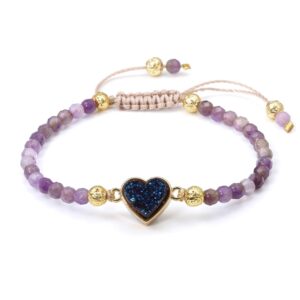 Top Plaza Womens 4mm Amethyst Beads Chakra Healing Crystal Bracelet Gold Lava Rock Stone Adjustable Bracelets With Heart Shape Druzy Charm