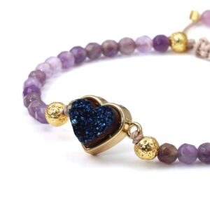 Top Plaza Womens 4mm Amethyst Beads Chakra Healing Crystal Bracelet Gold Lava Rock Stone Adjustable Bracelets With Heart Shape Druzy Charm