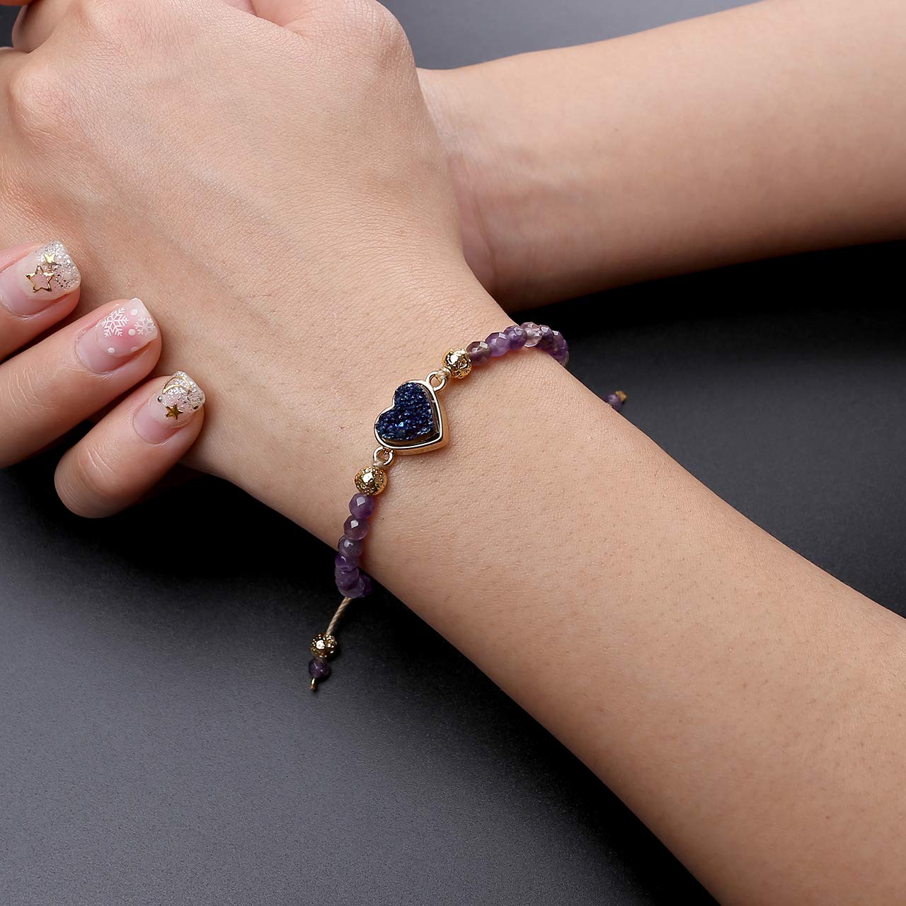 Top Plaza Womens 4mm Amethyst Beads Chakra Healing Crystal Bracelet Gold Lava Rock Stone Adjustable Bracelets With Heart Shape Druzy Charm