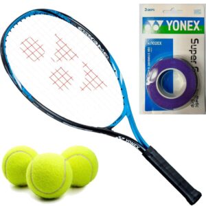 yonex ezone bright blue 17 inch junior tennis racquet starter set or kit for boys bundled with a 3-pack of purple super grap overgrips and a can of tennis balls