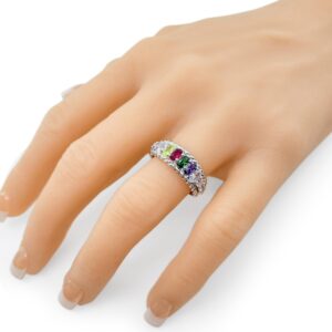 Central Diamond Center Oval Rope Mothers Ring 1 to 12 Simulated Birthstones- 10k White Gold - Size 9