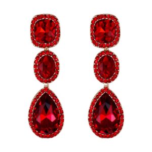 EVER FAITH Women's Crystal Gorgeous Party Square Oval Teardrop Dangle Earrings Red Gold-Tone